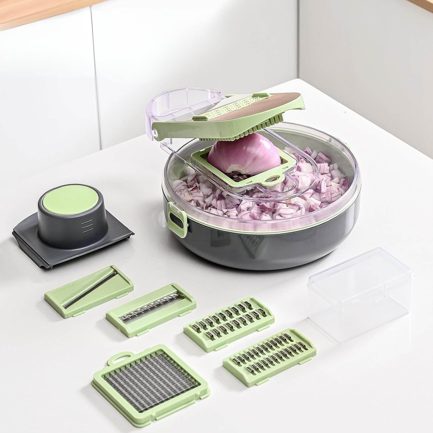 Kitchen chopper with onion dices on a white surface