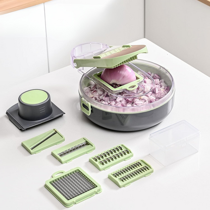 Kitchen chopper with onion dices on a white surface